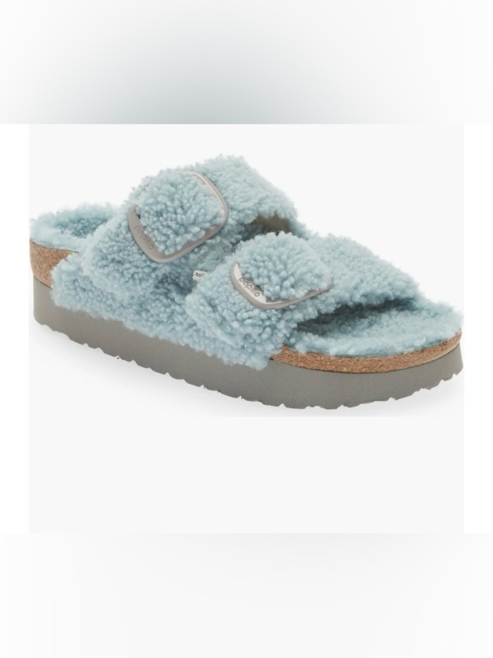 Papillio by Birkenstock Arizona Plush Shearling Slide Sandals in Teal, NEW